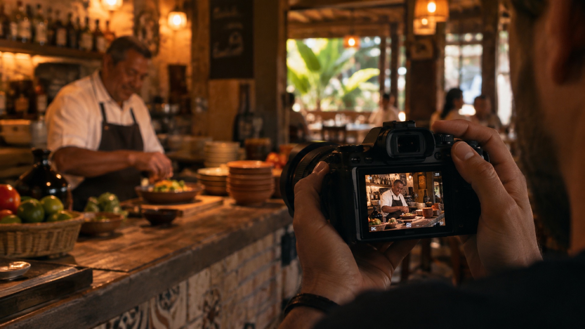 Câmera registrando o trabalho de um cozinheiro em uma cena ilustrativa
