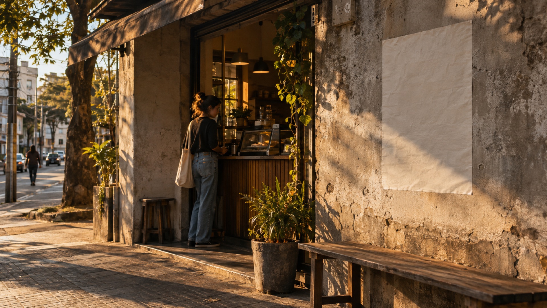 Fachada de café em bairro imaginado de São Paulo